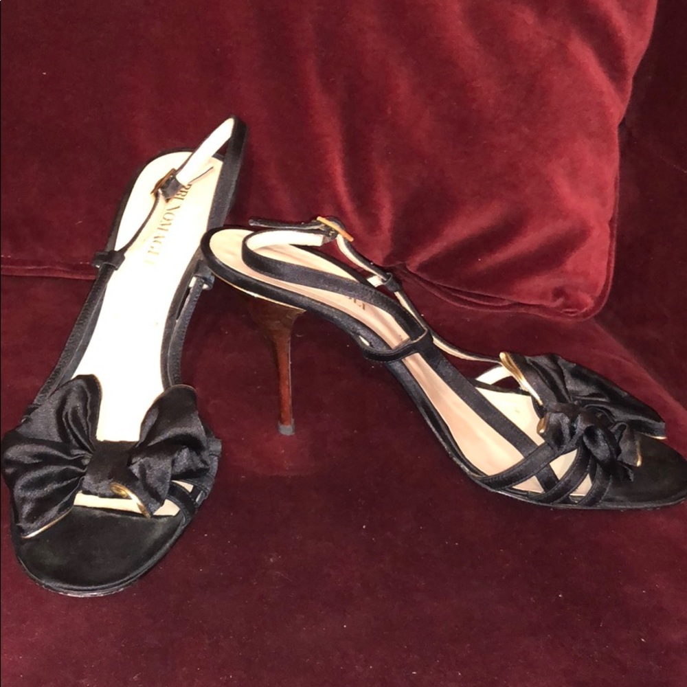 BRUNO MAGLI black satin gold trim heel sandal pump